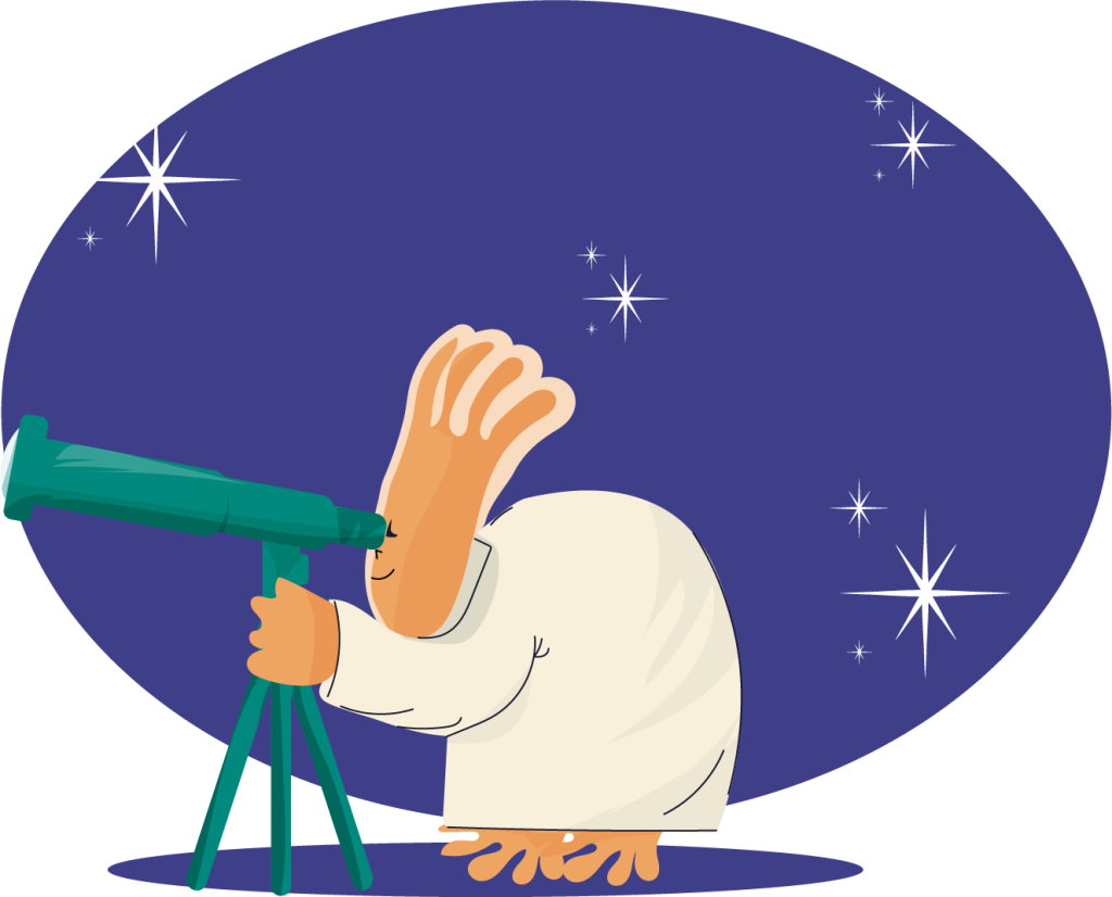 reveal-left reveal-delay-5 Ilustración de Orbis mirando por un telescopio